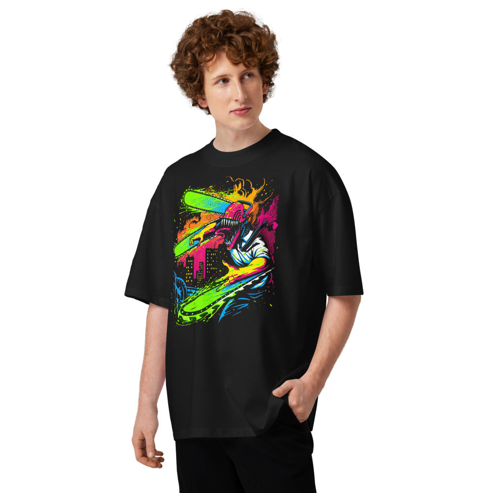 Oversize Chainsaw Man Neon Splatter City - Modelo masculino