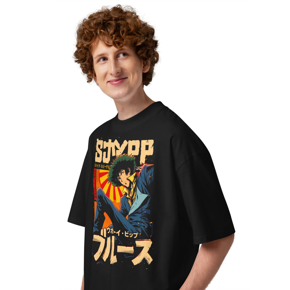 Oversize Cowboy Bebop Spike Spiegel Katakana Blues - Modelo masculino lateral