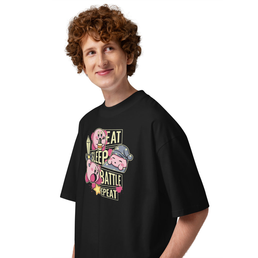 Oversize Eat, Sleep, Battle and Repeat Kirby - Modelo masculino lateral