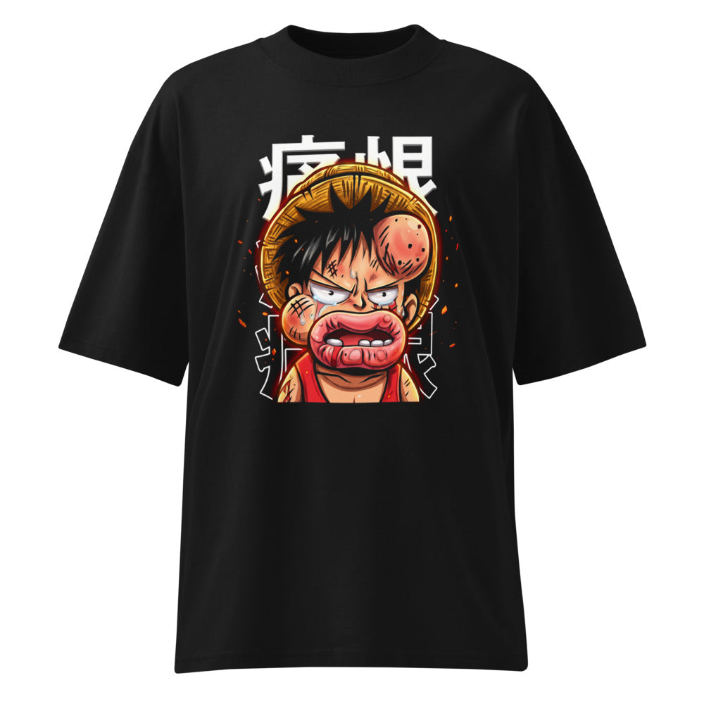 Oversize One Piece Luffy Crying Swollen Lips Kanji - Frente fantasma