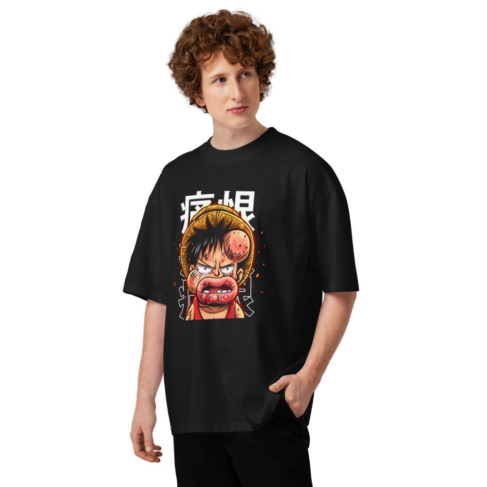 Oversize One Piece Luffy Crying Swollen Lips Kanji - Modelo masculino