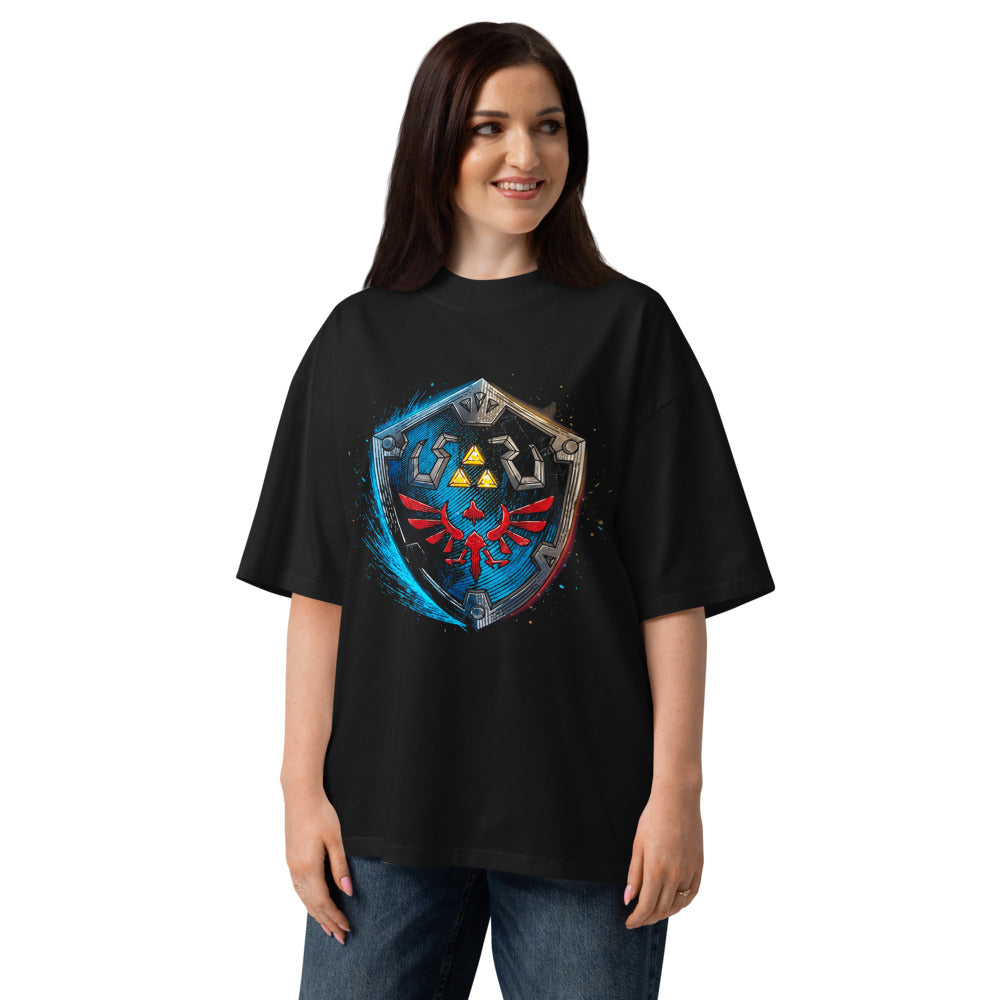 Oversize Zelda Hylian Shield Triforce Blue Brushstroke - Modelo femenina