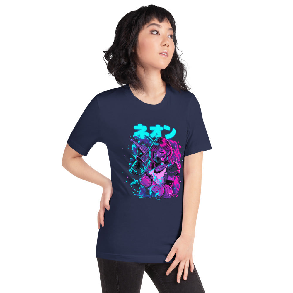 Playera Neon Gas Mask Girl Cyberpunk Armor - Modelo femenina