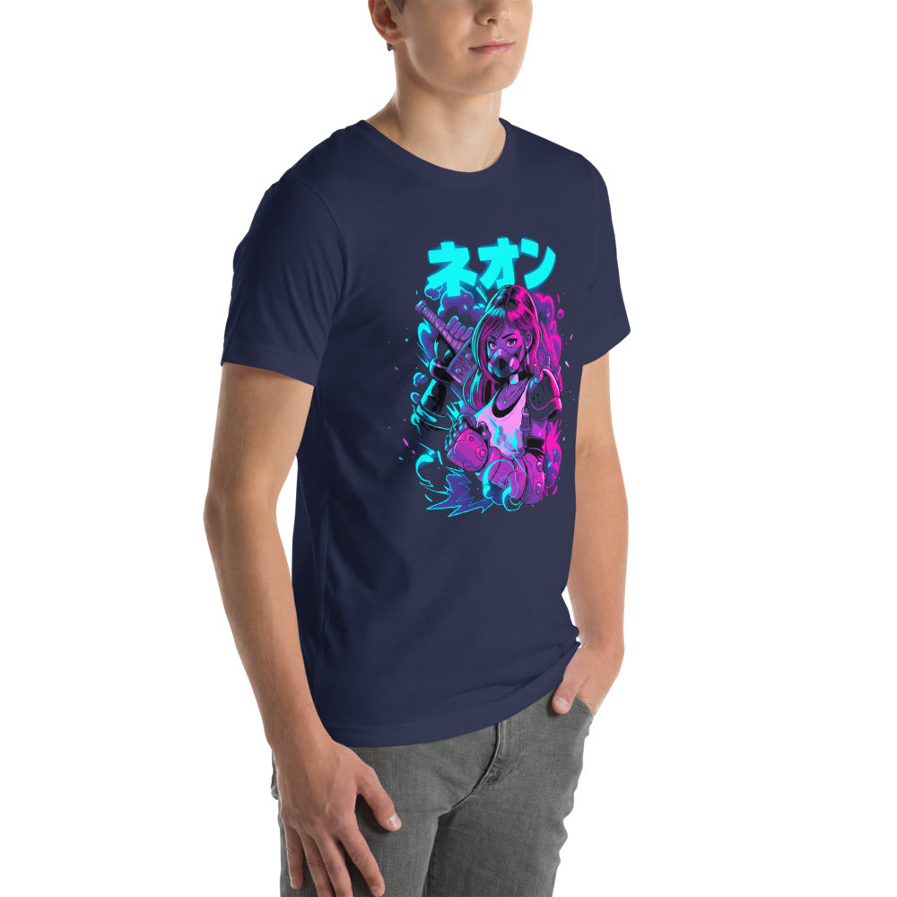 Playera Neon Gas Mask Girl Cyberpunk Armor - Modelo masculino lateral