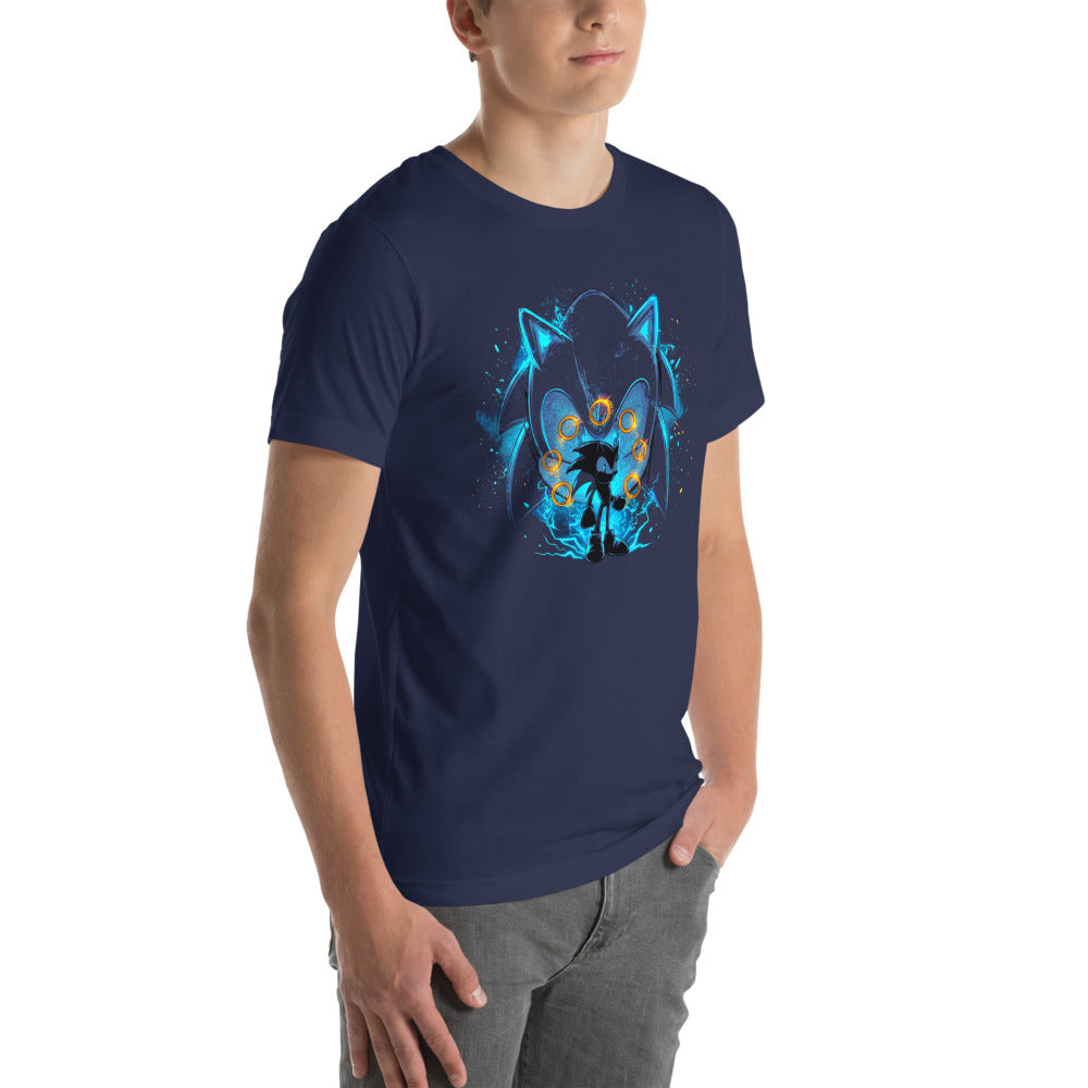 Playera Sonic Giant Head Gold Rings Lightning - Modelo masculino lateral