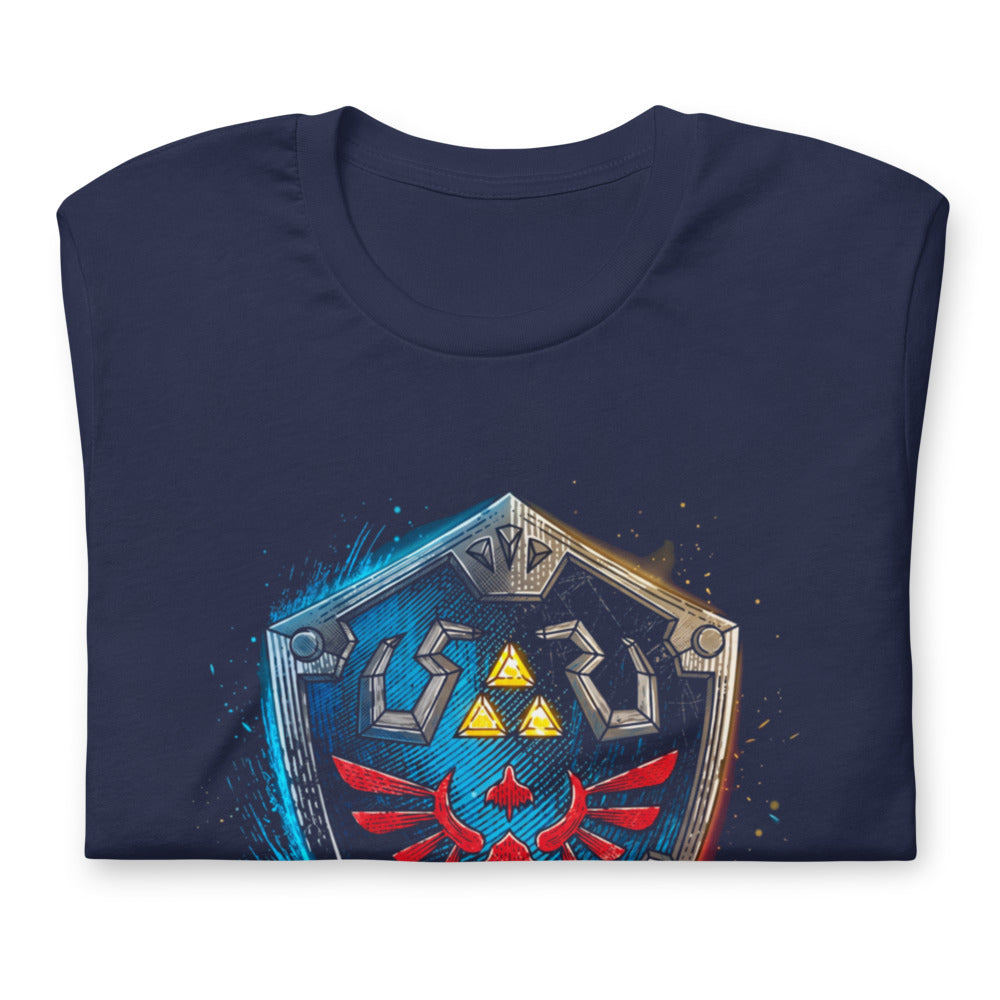 Playera Zelda Hylian Shield Triforce Blue Brushstroke - Doblado