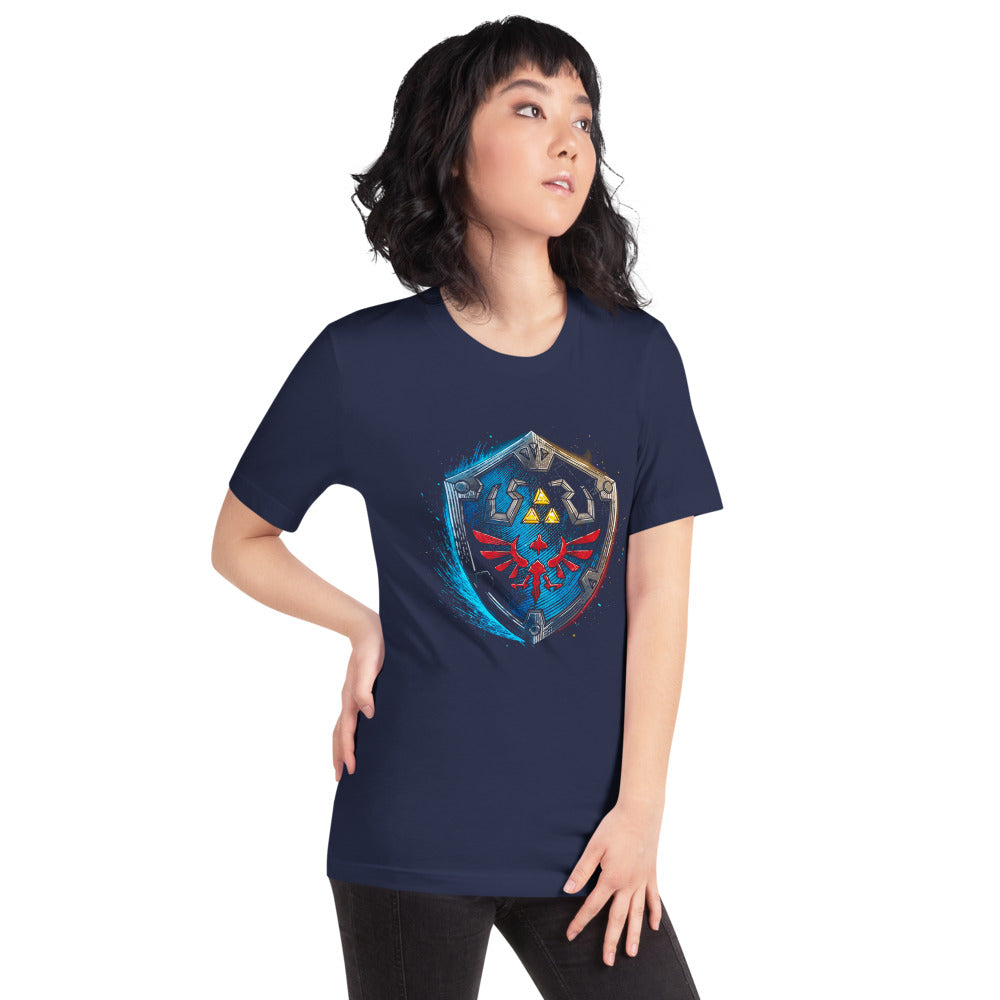 Playera Zelda Hylian Shield Triforce Blue Brushstroke - Modelo femenina
