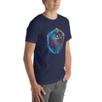 Playera Zelda Hylian Shield Triforce Blue Brushstroke - Modelo masculino lateral