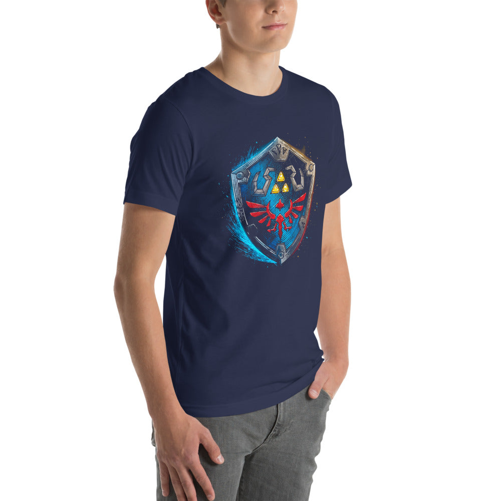 Playera Zelda Hylian Shield Triforce Blue Brushstroke - Modelo masculino lateral