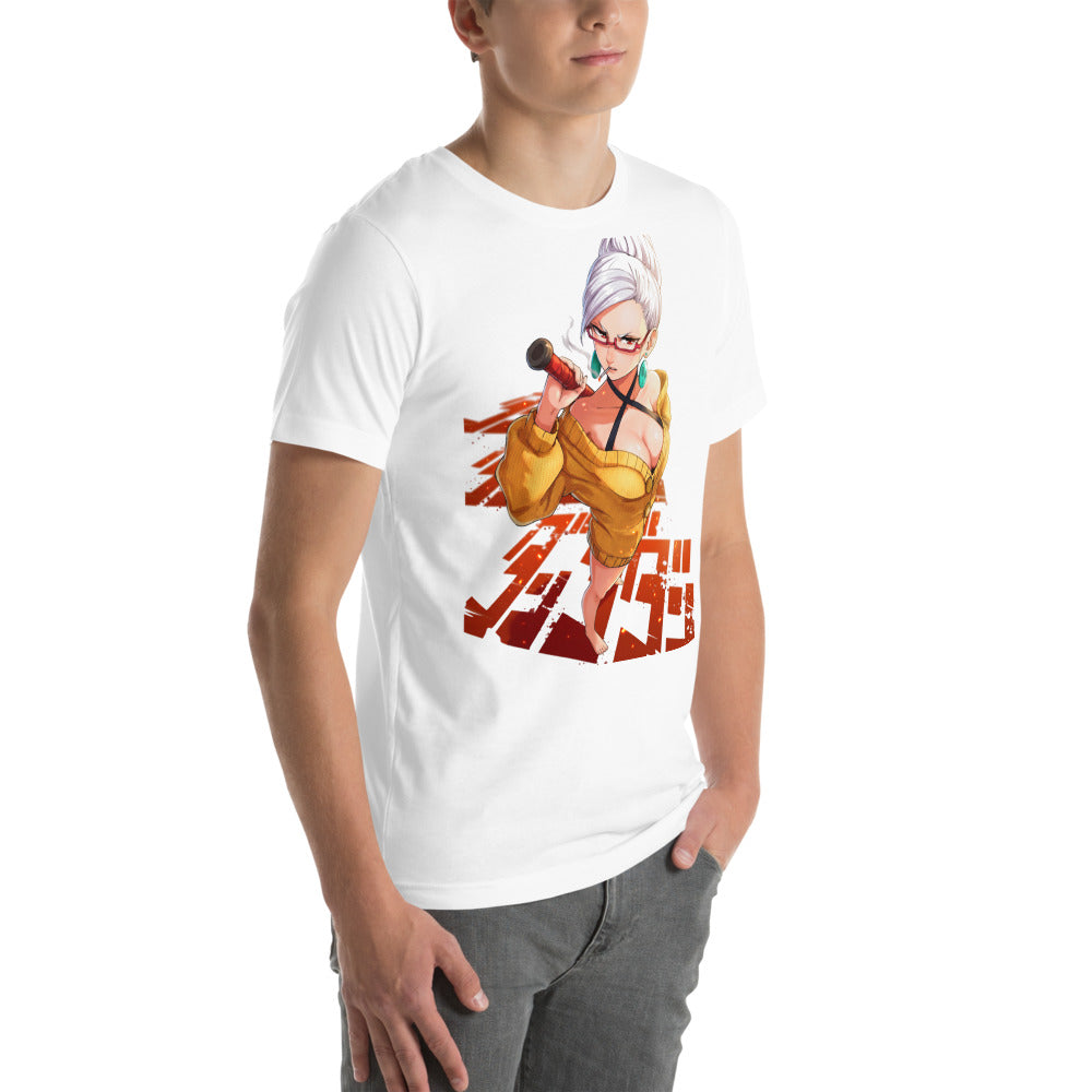 Playera Anime Girl Yellow Sweater Red Glasses - Modelo masculino lateral