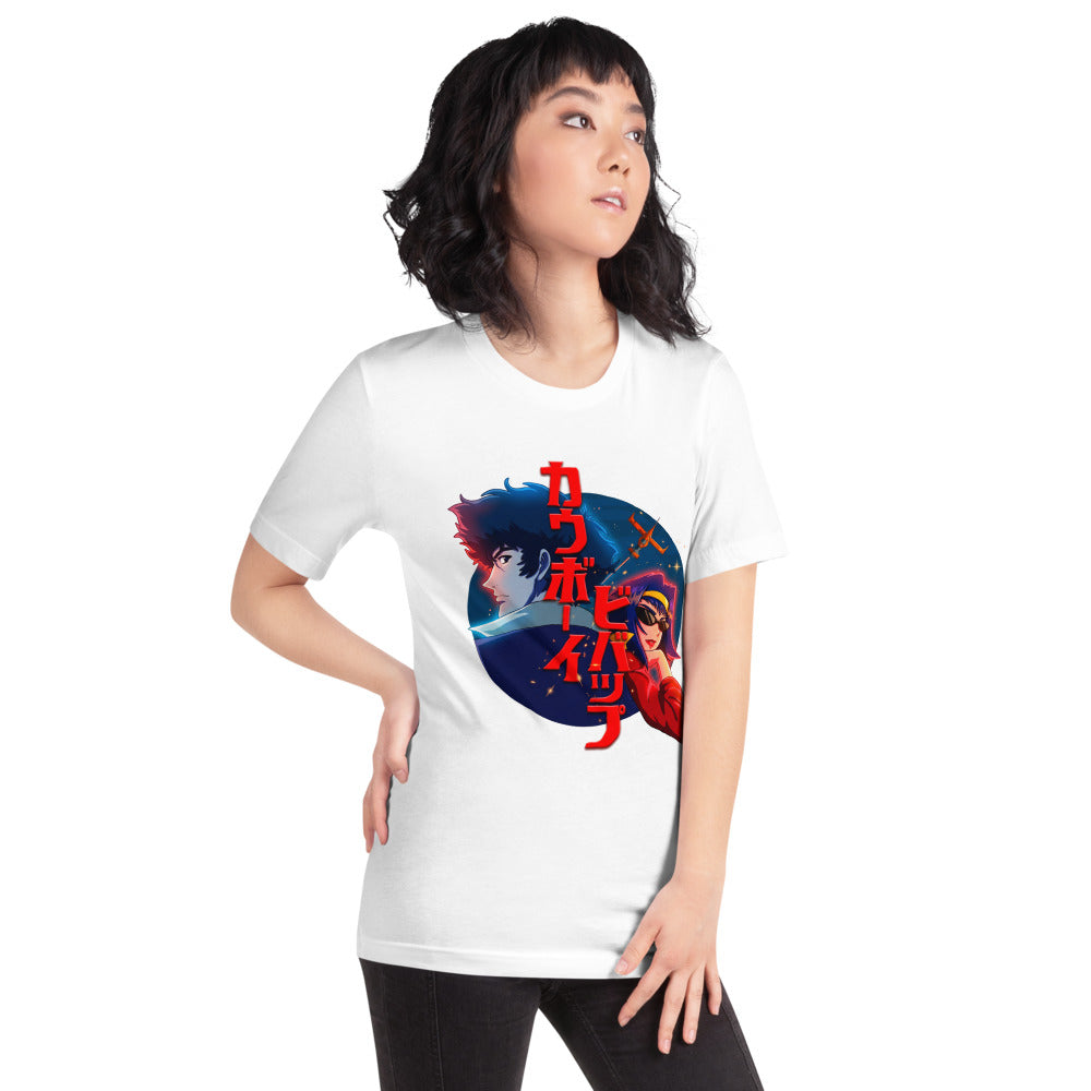 Playera Cowboy Bebop Spike And Faye Red Katakana - Modelo femenina