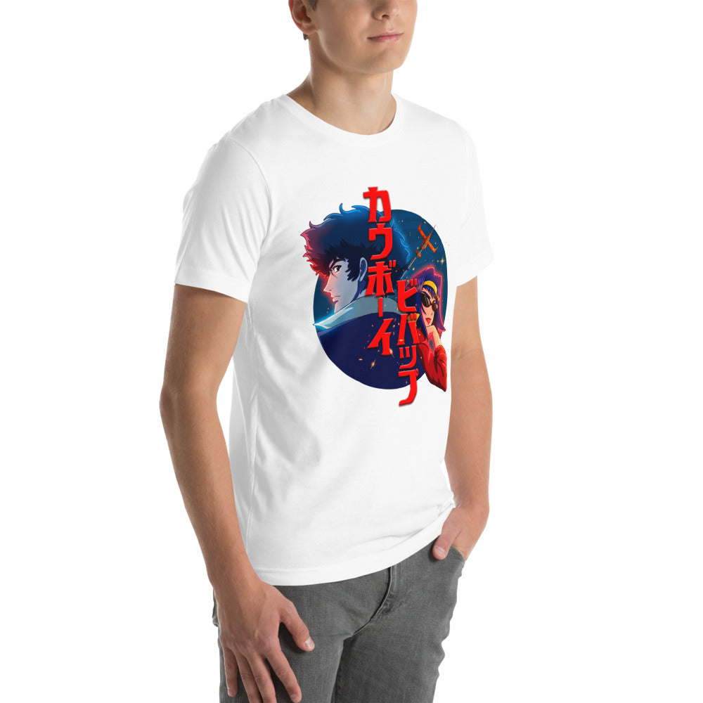 Playera Cowboy Bebop Spike And Faye Red Katakana - Modelo masculino lateral