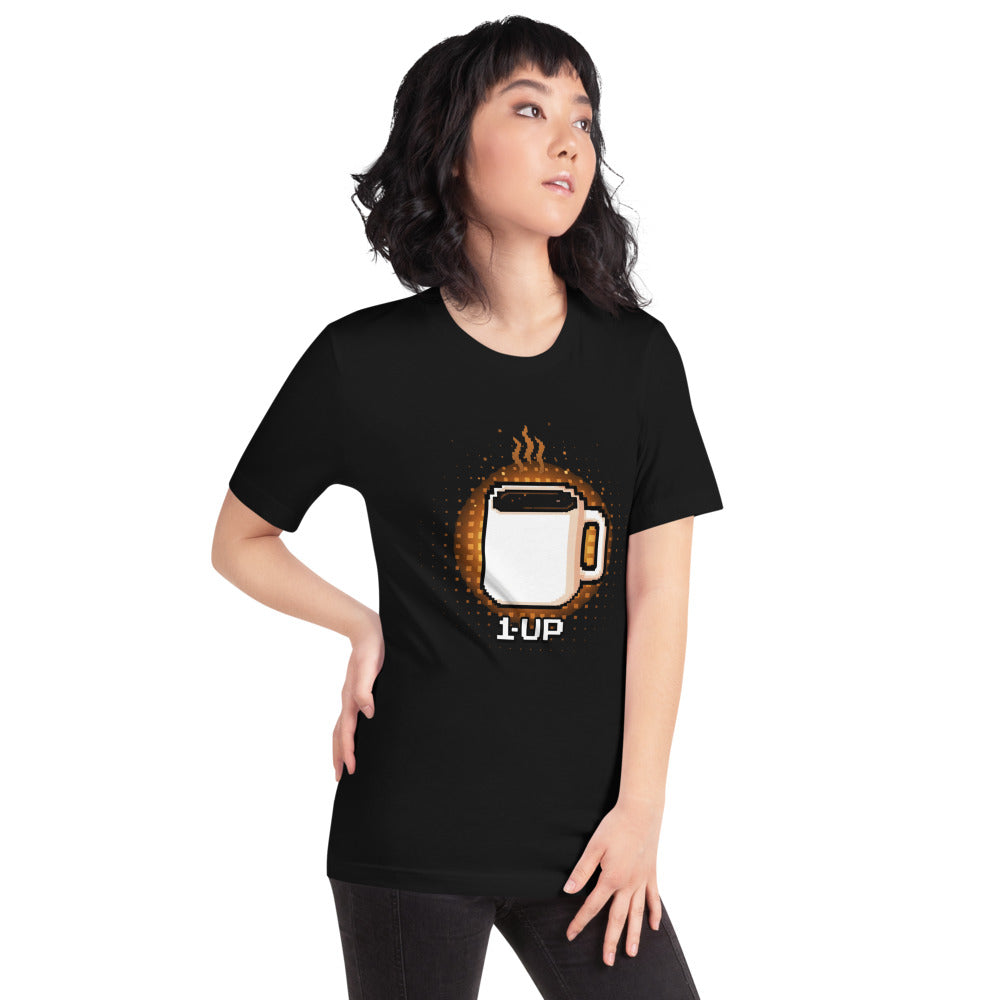 Playera 1 Up Pixel Coffee Mug Amber Glow - Modelo femenina