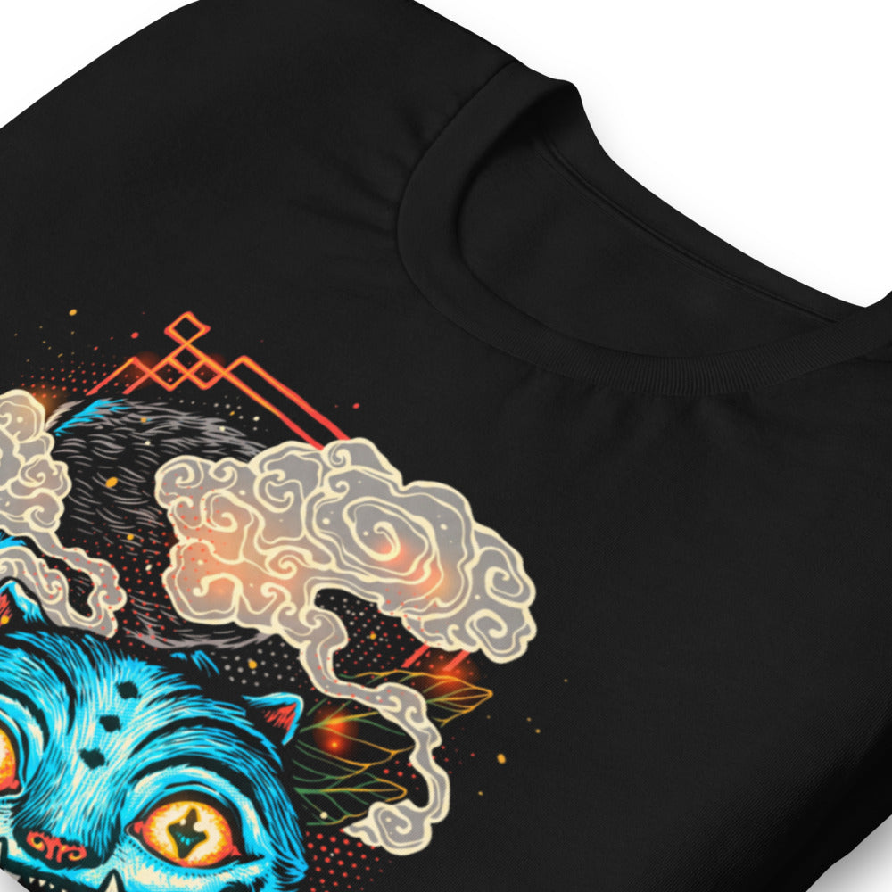 Playera Blue Fanged Cat Crow And Roses - Doblado zoom