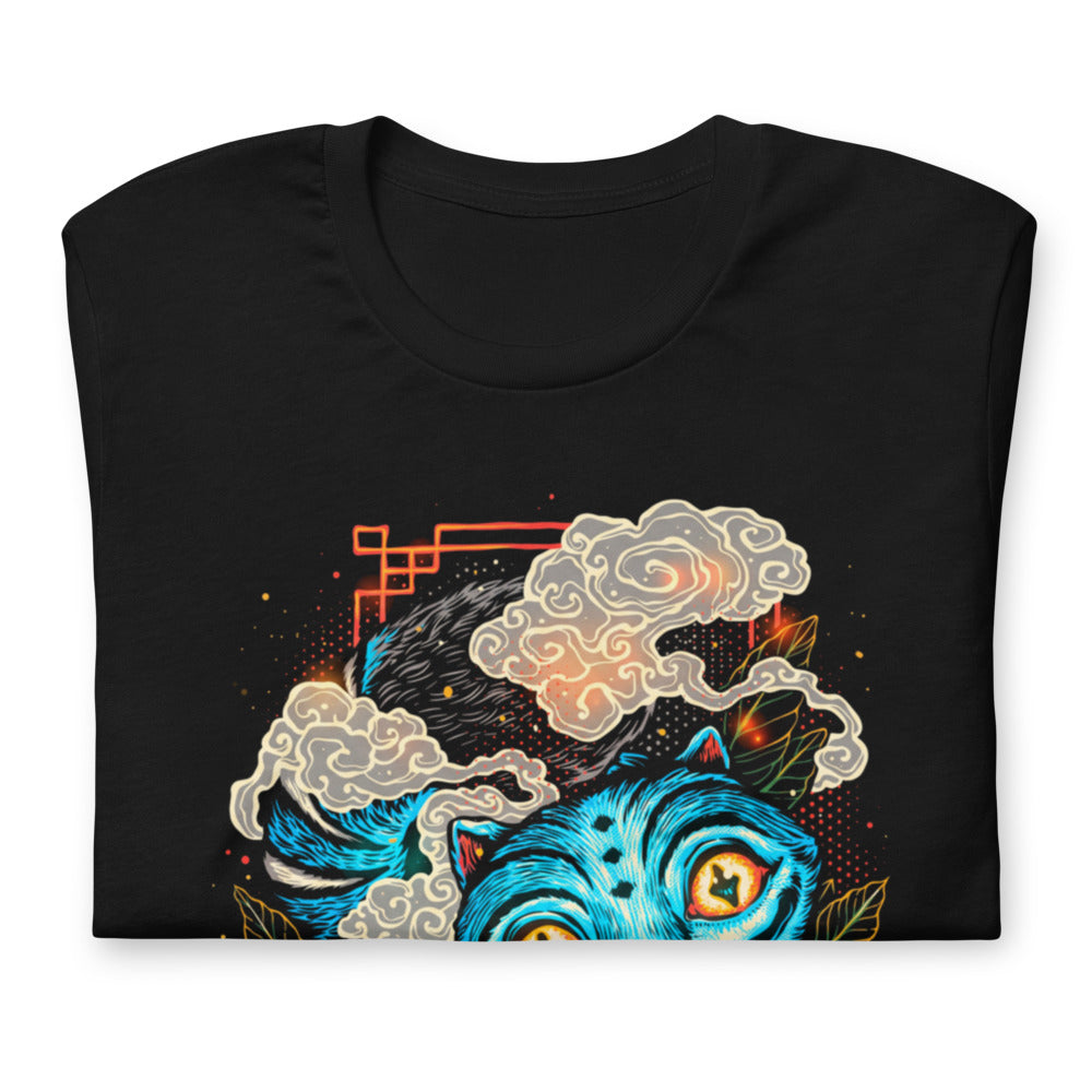 Playera Blue Fanged Cat Crow And Roses - Doblado
