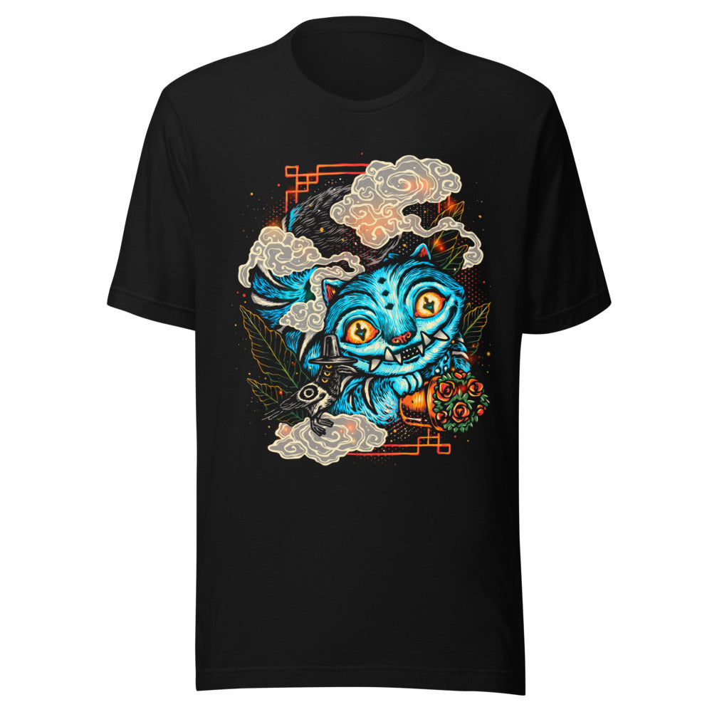 Playera Blue Fanged Cat Crow And Roses - Frente grande