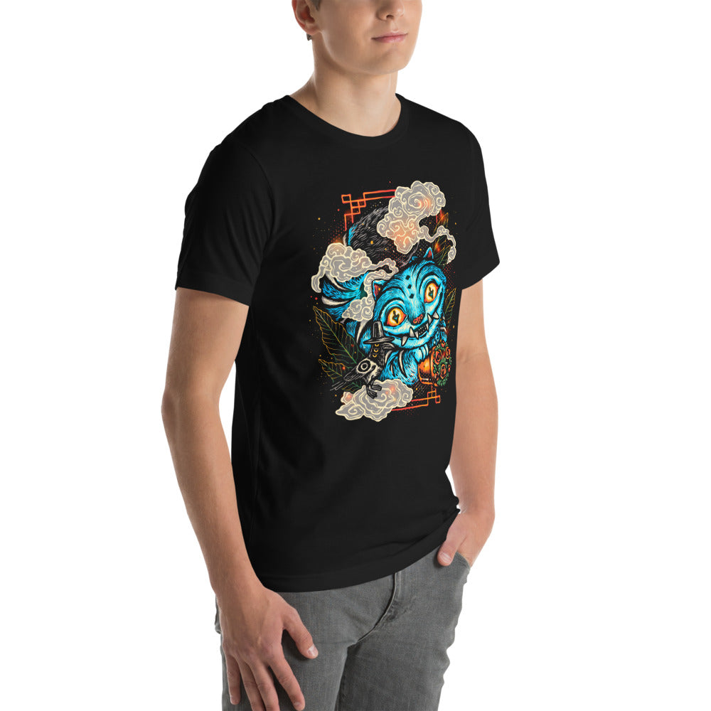 Playera Blue Fanged Cat Crow And Roses - Modelo masculino lateral
