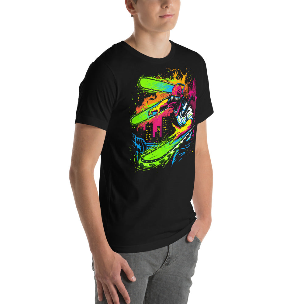 Playera Chainsaw Man Neon Splatter City - Modelo masculino lateral