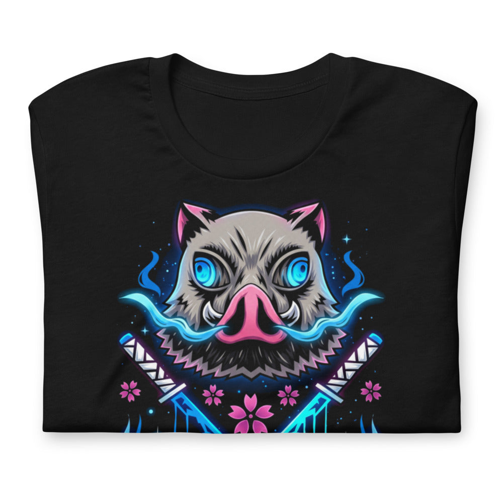 Playera Demon Slayer Inosuke Boar Mask Blue Flames - Doblado