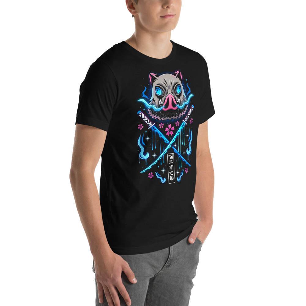 Playera Demon Slayer Inosuke Boar Mask Blue Flames - Modelo masculino lateral