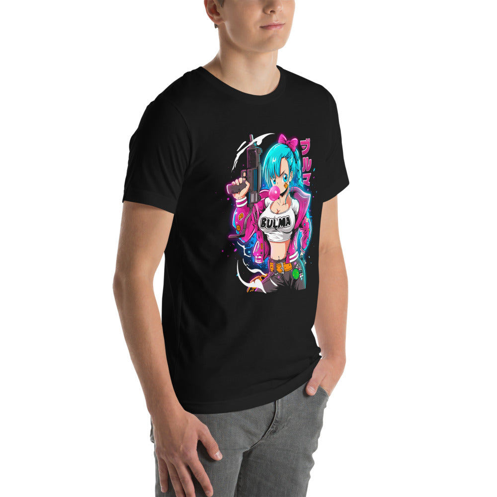 Playera Dragon Ball Bulma Neon Bubble Gum Jacket - Modelo masculino lateral
