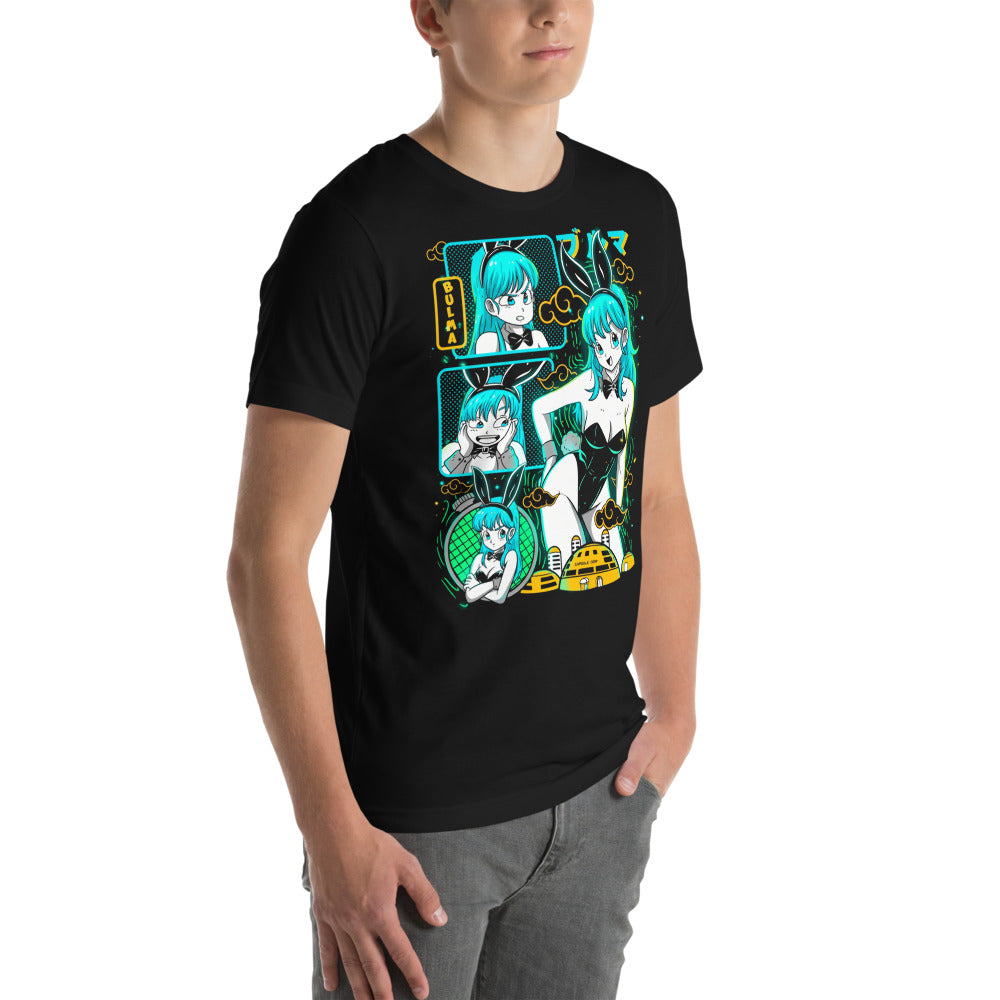 Playera Dragon Ball Bulma Neon Panels Dragon Radar - Modelo masculino lateral