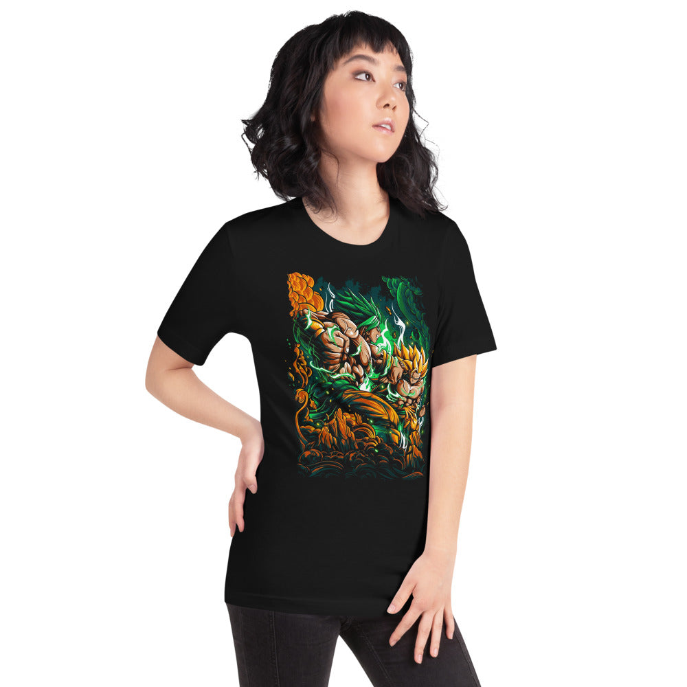 Playera Dragon Ball Goku Vs Broly Green Aura - Modelo femenina