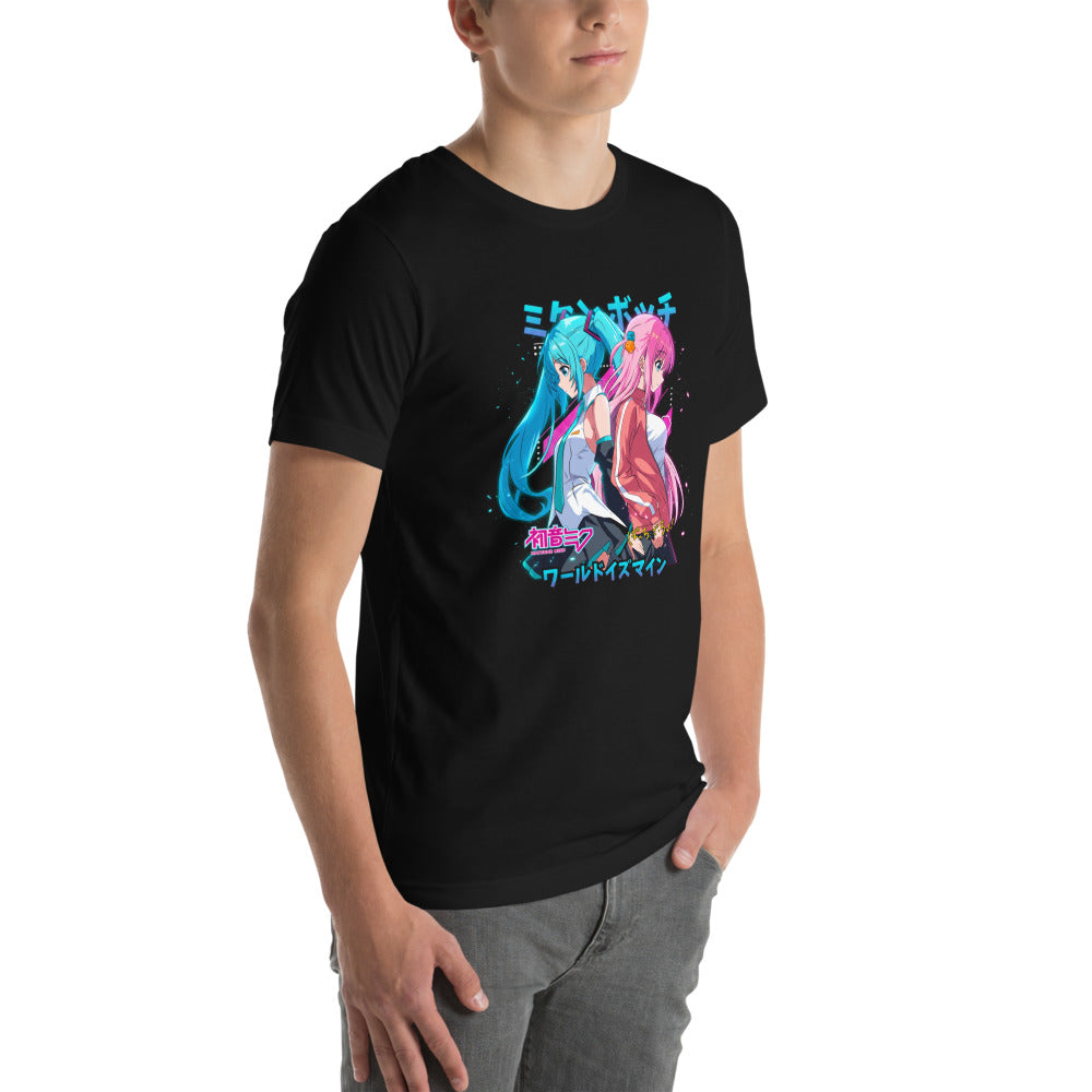 Playera Hatsune Miku Bocchi Back To Back Neon - Modelo masculino lateral