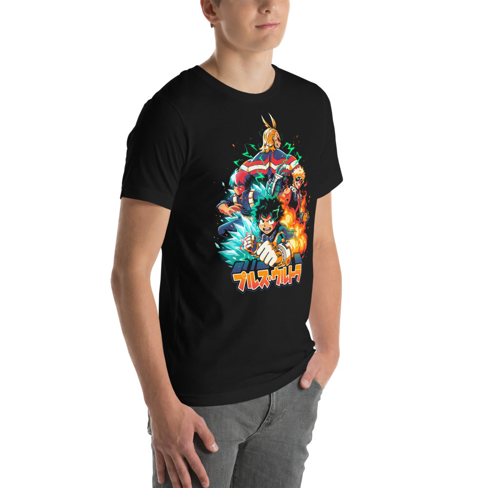 Playera My Hero Academia Plus Ultra Deku Todoroki Bakugo - Modelo masculino lateral