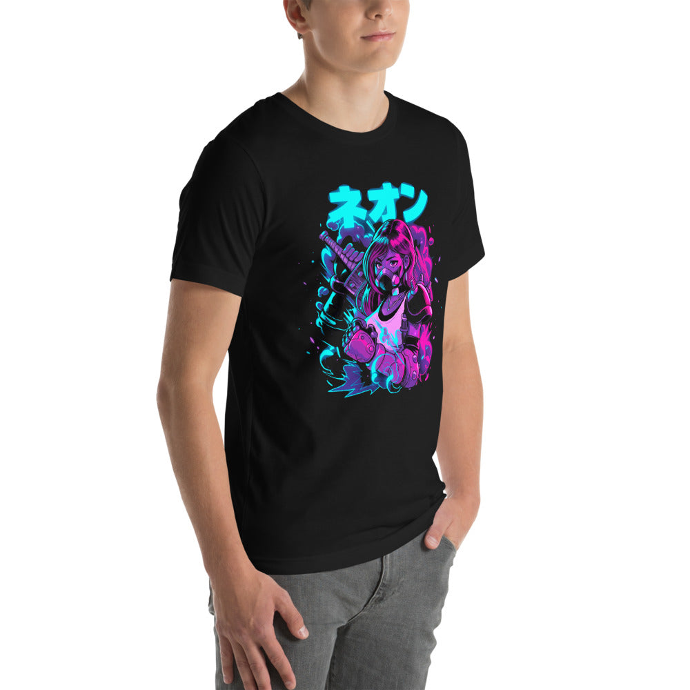Playera Neon Gas Mask Girl Cyberpunk Armor - Modelo masculino lateral