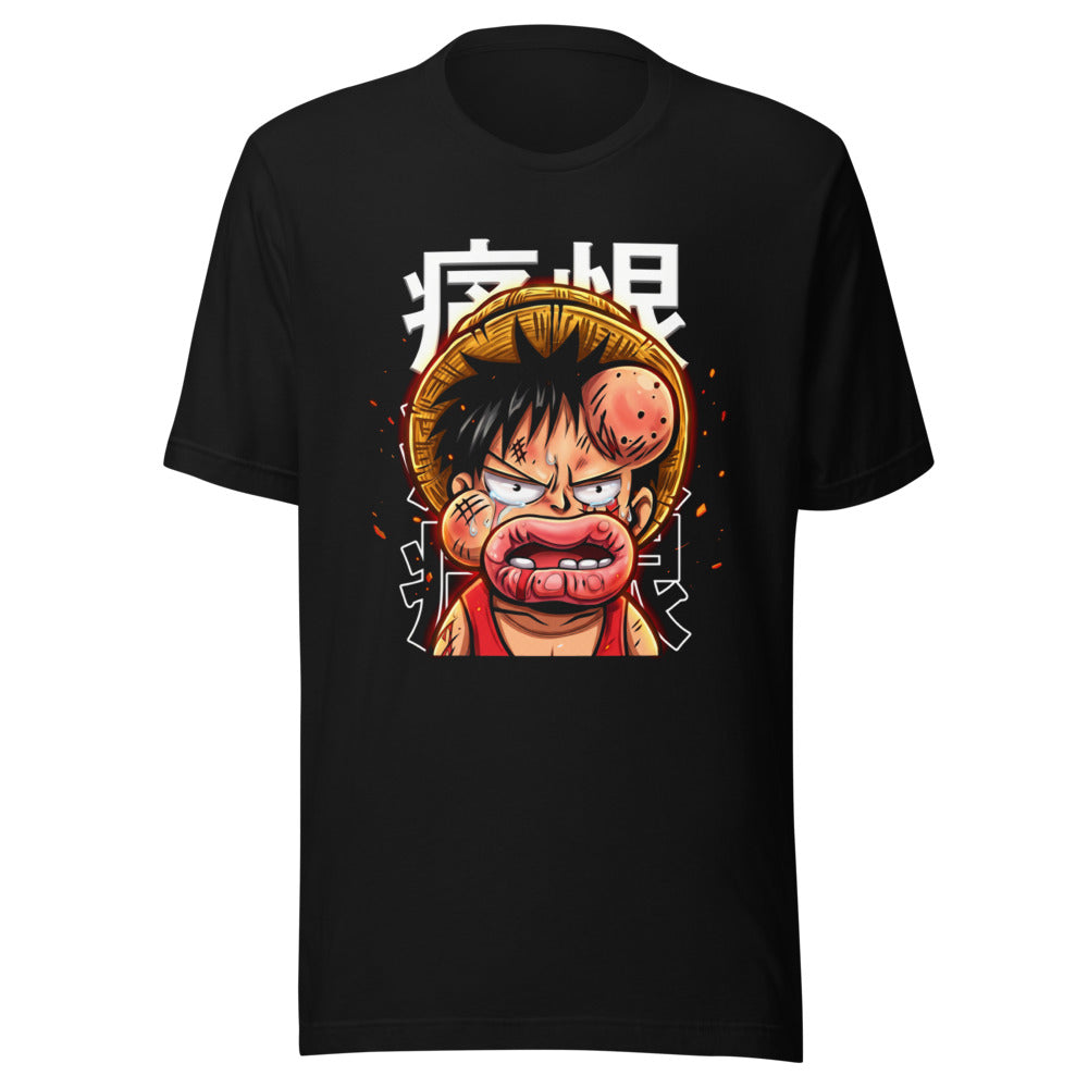 Playera One Piece Luffy Crying Swollen Lips Kanji - Frente grande