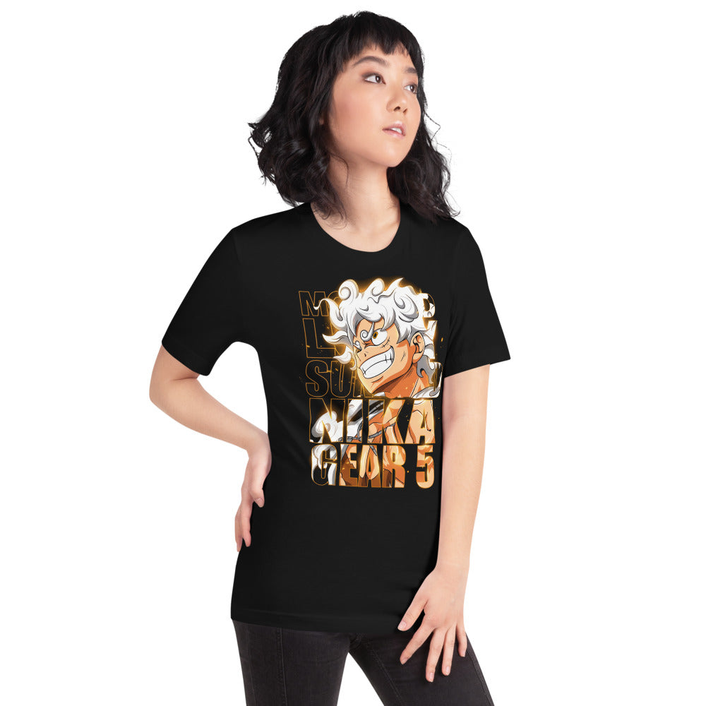 Playera One Piece Luffy Gear 5 Nika Gold Typography - Modelo femenina