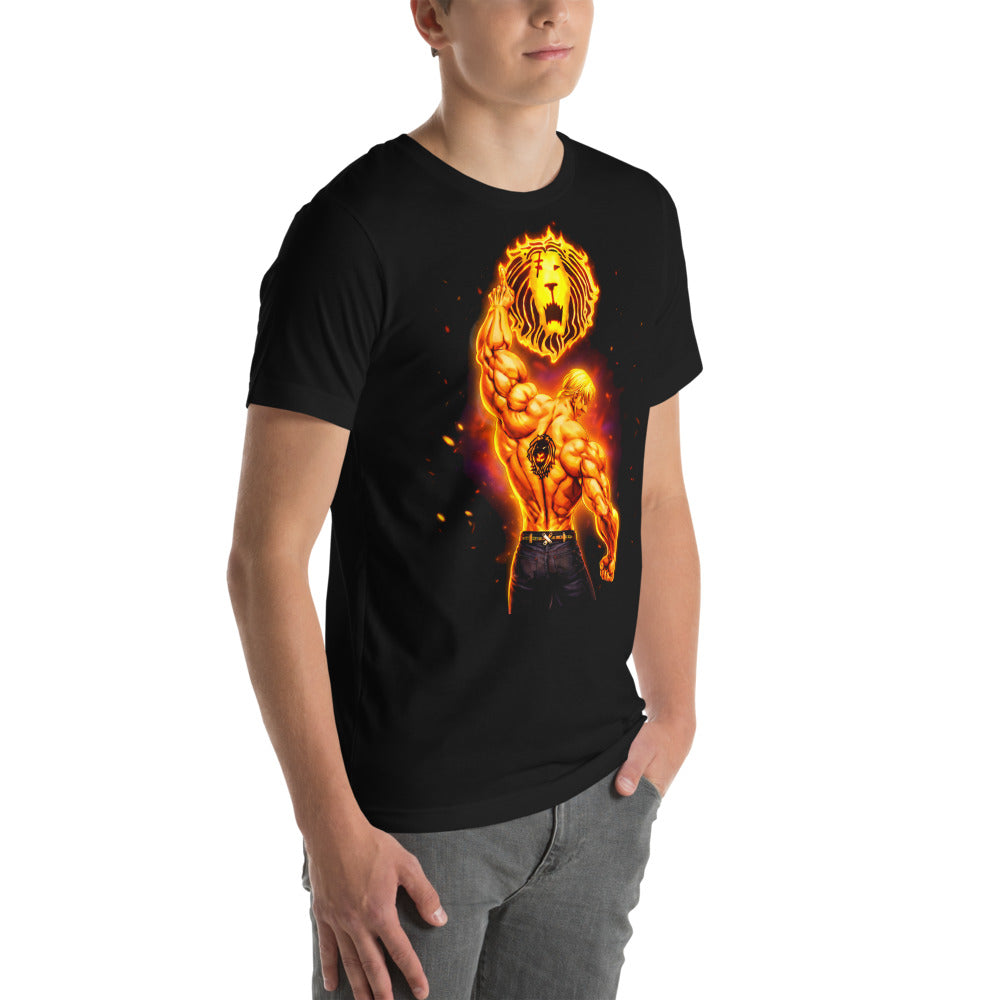 Playera Seven Deadly Sins Escanor Flaming Lion Emblem - Modelo masculino lateral