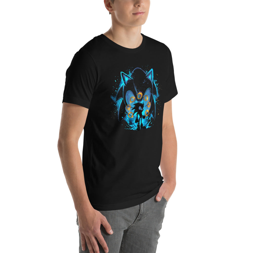 Playera Sonic Giant Head Gold Rings Lightning - Modelo masculino lateral