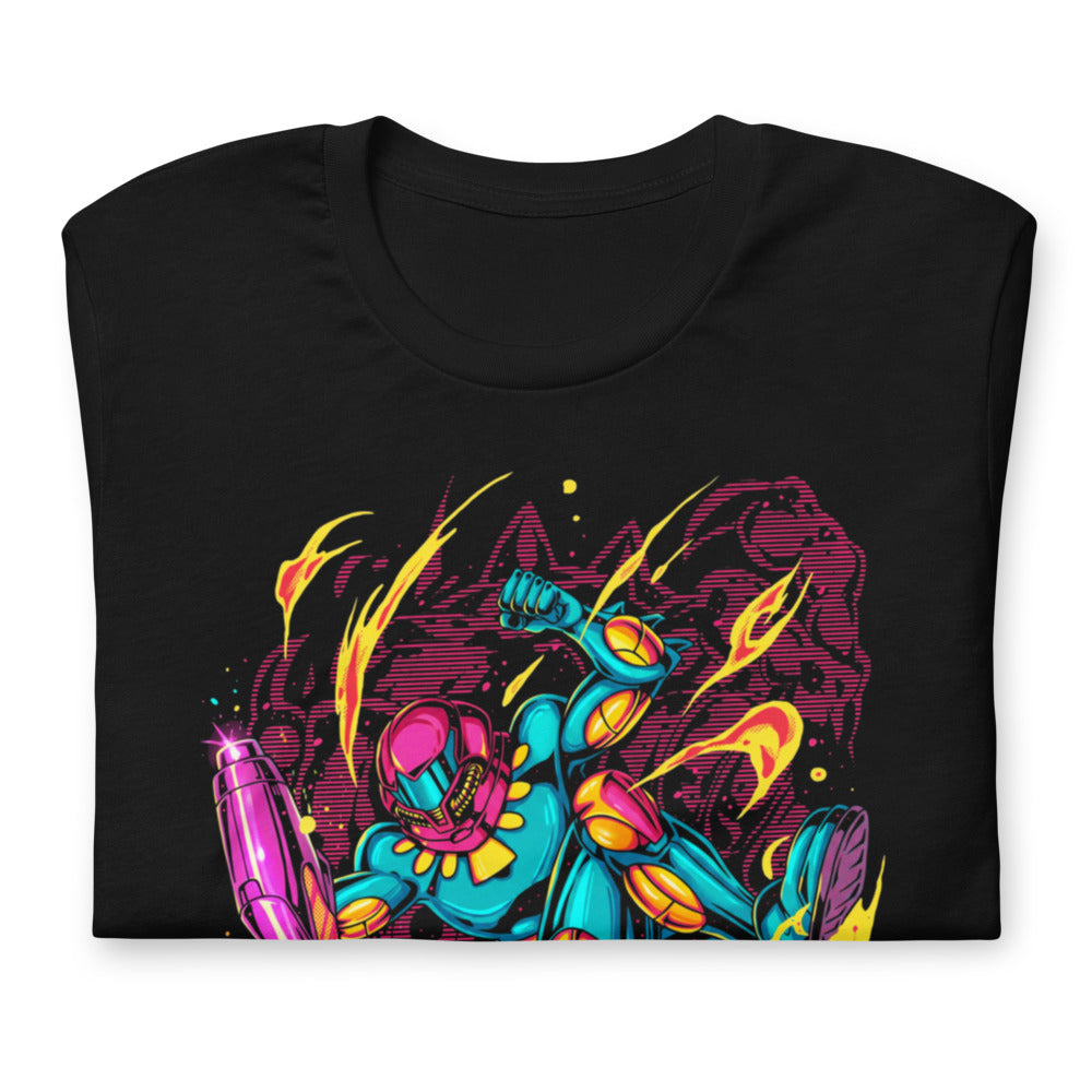 Playera Teal Power Suit Arm Cannon Jump Kick - Doblado