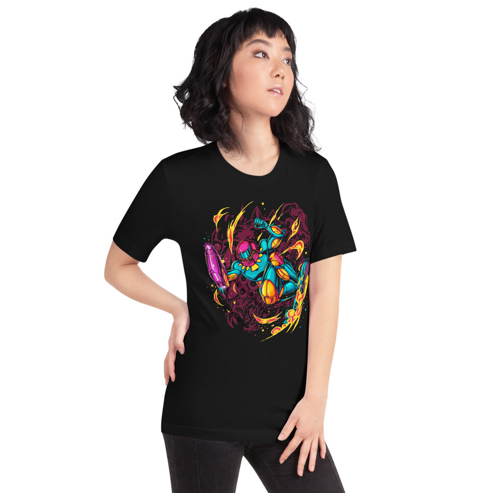 Playera Teal Power Suit Arm Cannon Jump Kick - Modelo femenina
