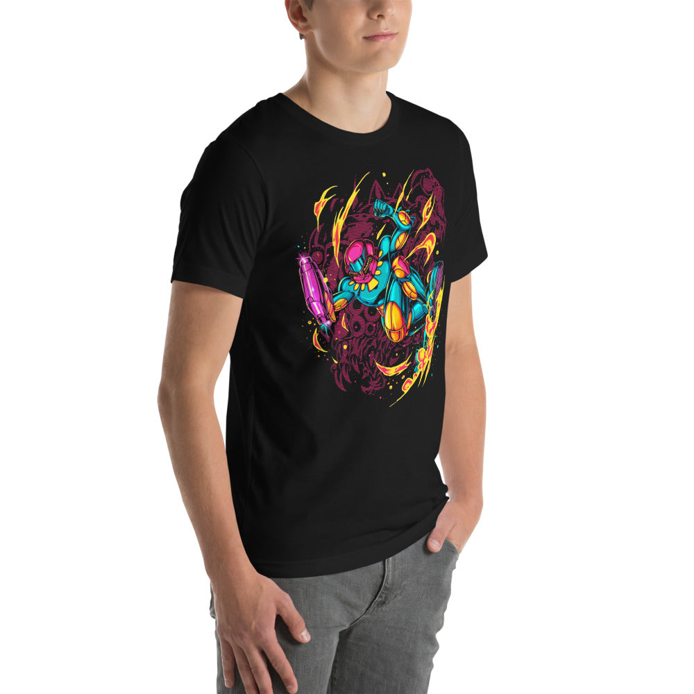Playera Teal Power Suit Arm Cannon Jump Kick - Modelo masculino lateral