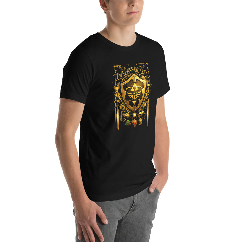 Playera Timeless Ocarina Hylian Shield Crest - Modelo masculino lateral