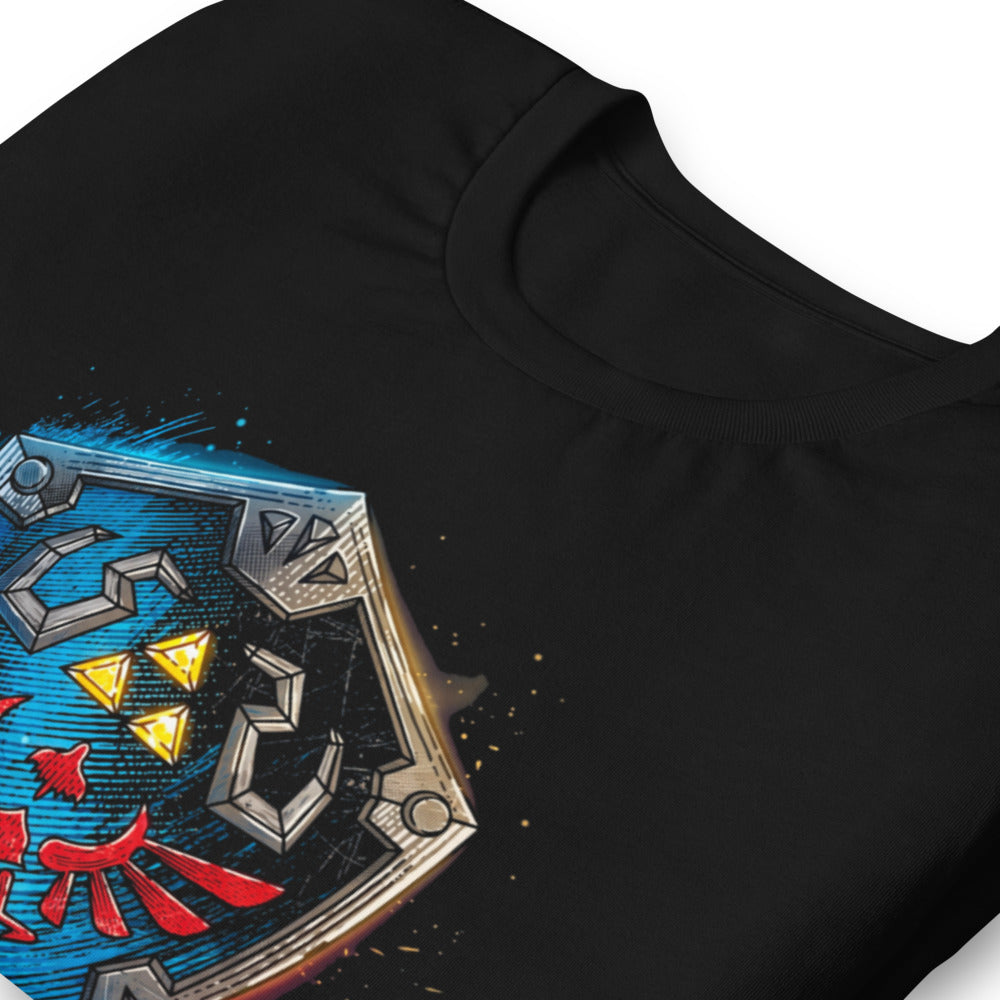 Playera Zelda Hylian Shield Triforce Blue Brushstroke - Doblado zoom