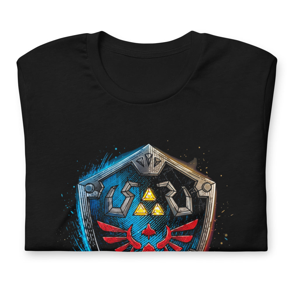 Playera Zelda Hylian Shield Triforce Blue Brushstroke - Doblado
