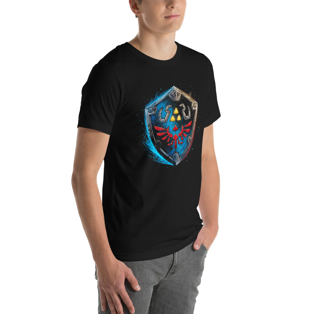 Playera Zelda Hylian Shield Triforce Blue Brushstroke - Modelo masculino lateral