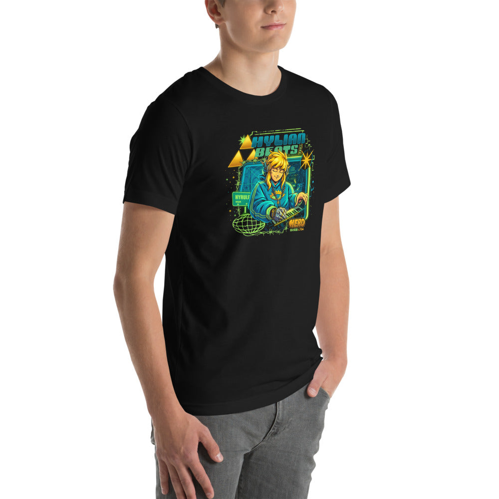 Playera Zelda Link Hylian Beats Synth - Modelo masculino lateral