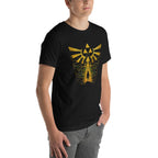 Playera Zelda Link Silhouette Golden Hylian Crest - Modelo masculino lateral