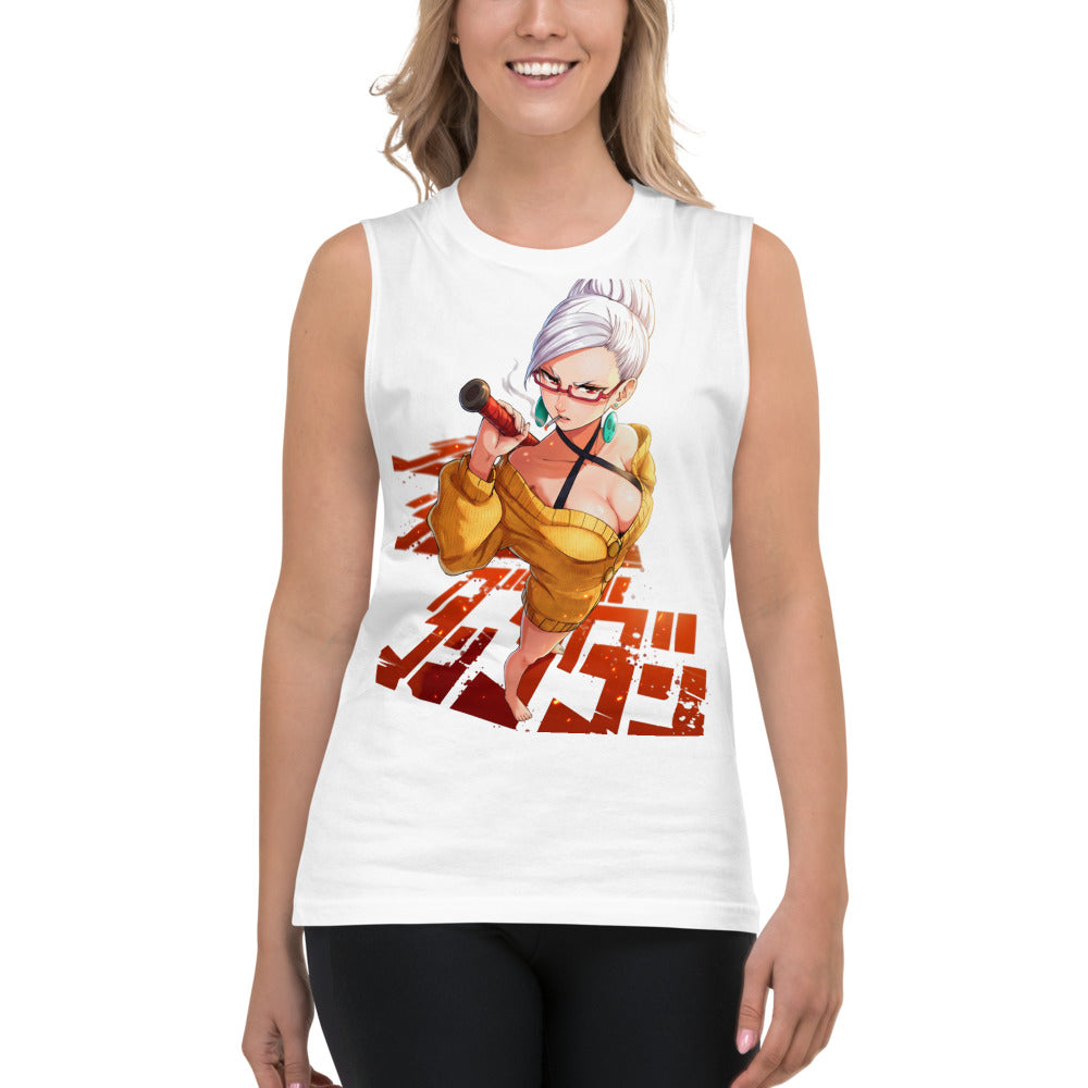 Sin mangas Anime Girl Yellow Sweater Red Glasses - Modelo femenina