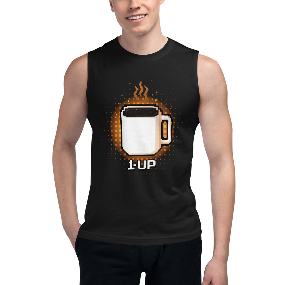 Sin mangas 1 Up Pixel Coffee Mug Amber Glow - Modelo masculino
