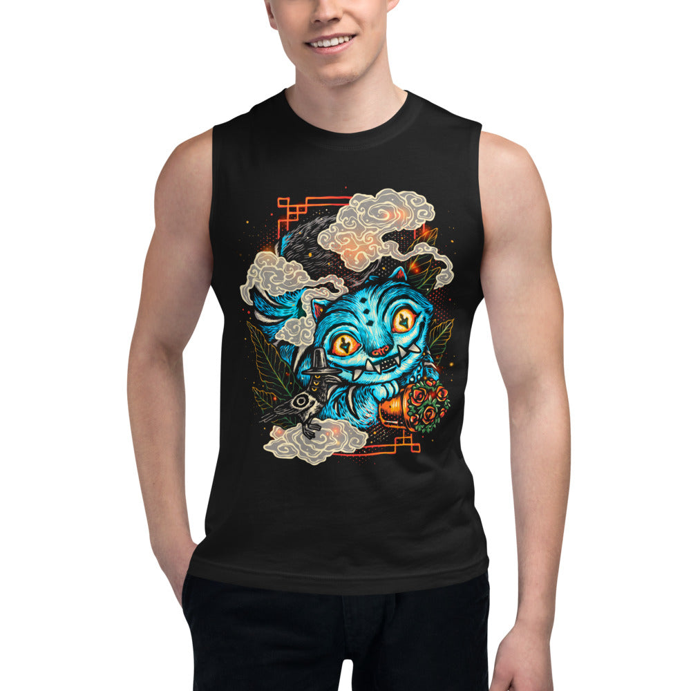 Sin mangas Blue Fanged Cat Crow And Roses - Modelo masculino