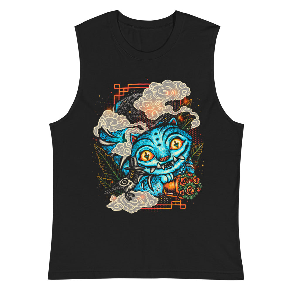 Sin mangas Blue Fanged Cat Crow And Roses - Plano
