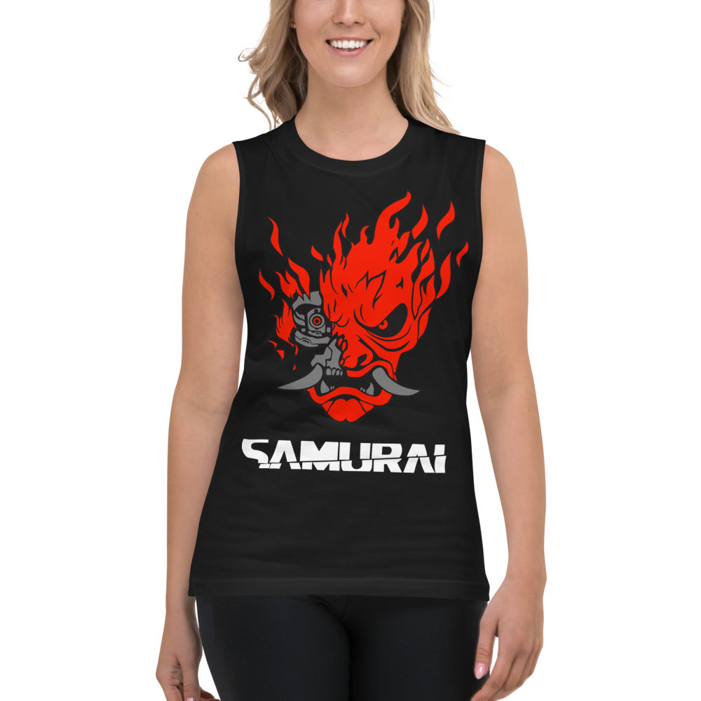 Sin mangas Cyberpunk Samurai Oni Mask Flames Modelo femenina