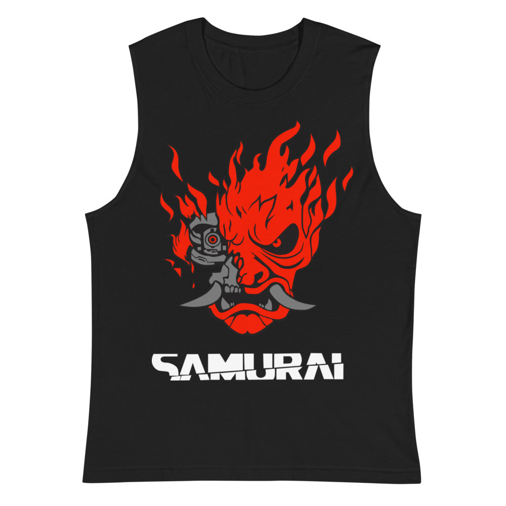 Sin mangas Cyberpunk Samurai Oni Mask Flames Plano