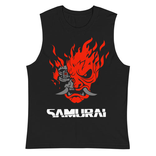 Sin mangas Cyberpunk Samurai Oni Mask Flames Plano